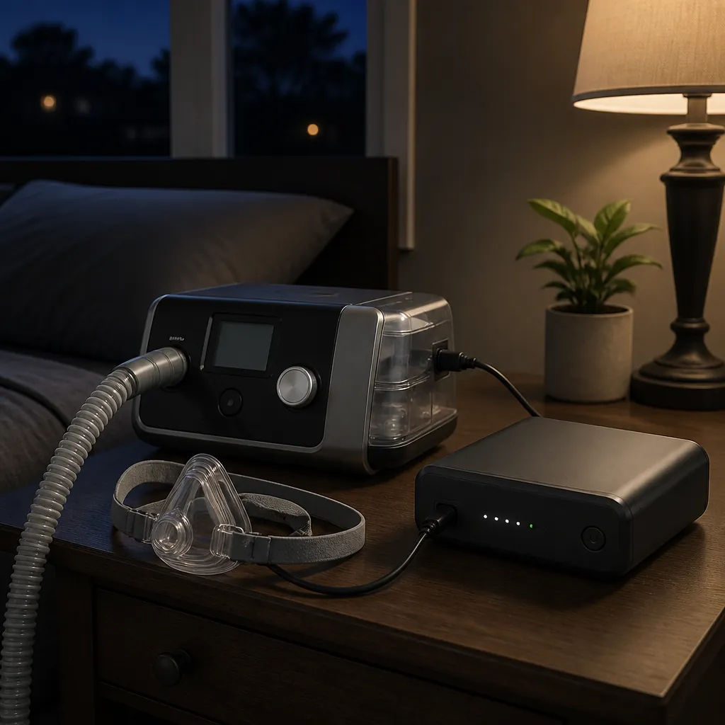 CPAP machine connected to a portable lithium-ion backup battery on a bedside table