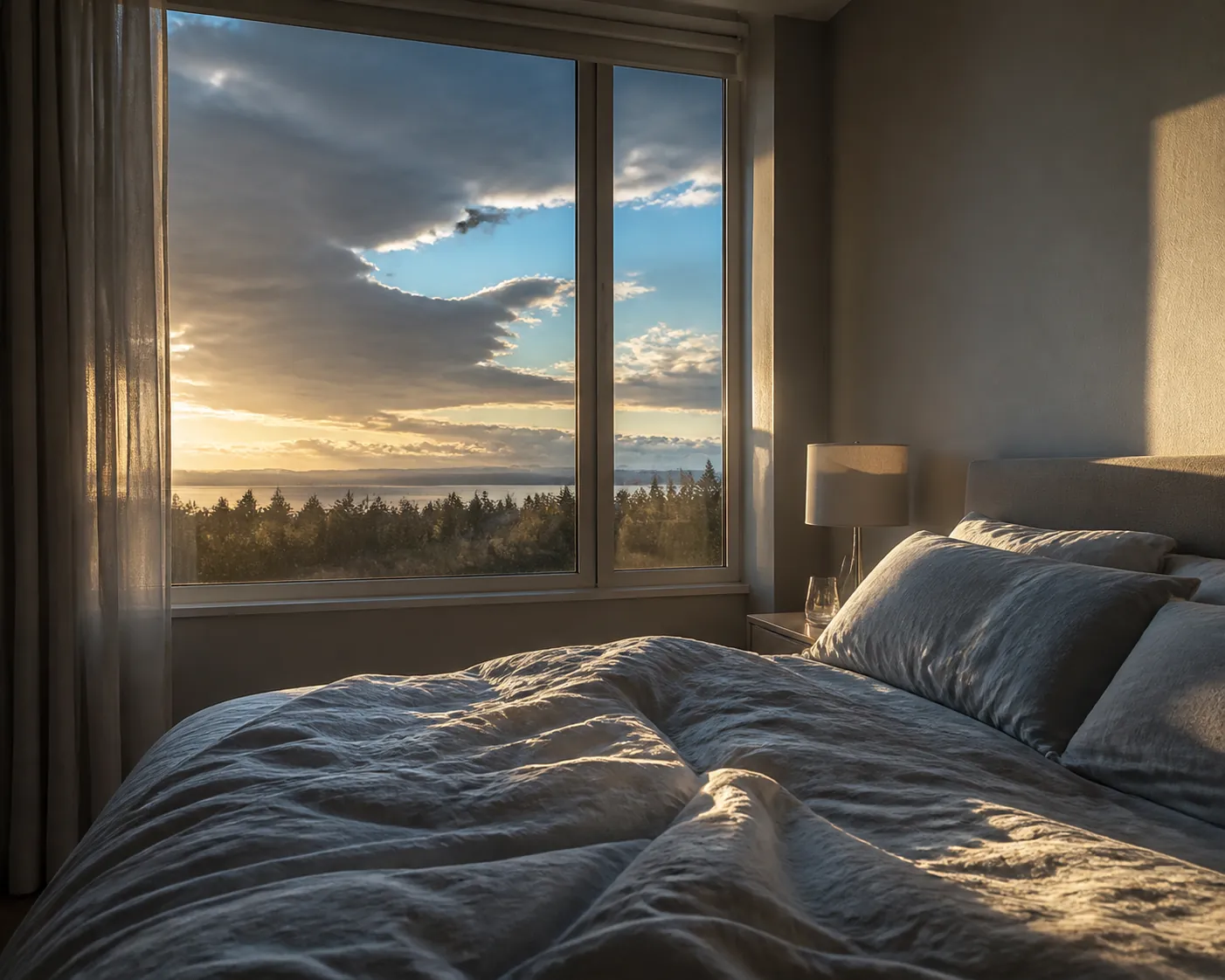 Calm bedroom at dawn after storm clouds begin to clear