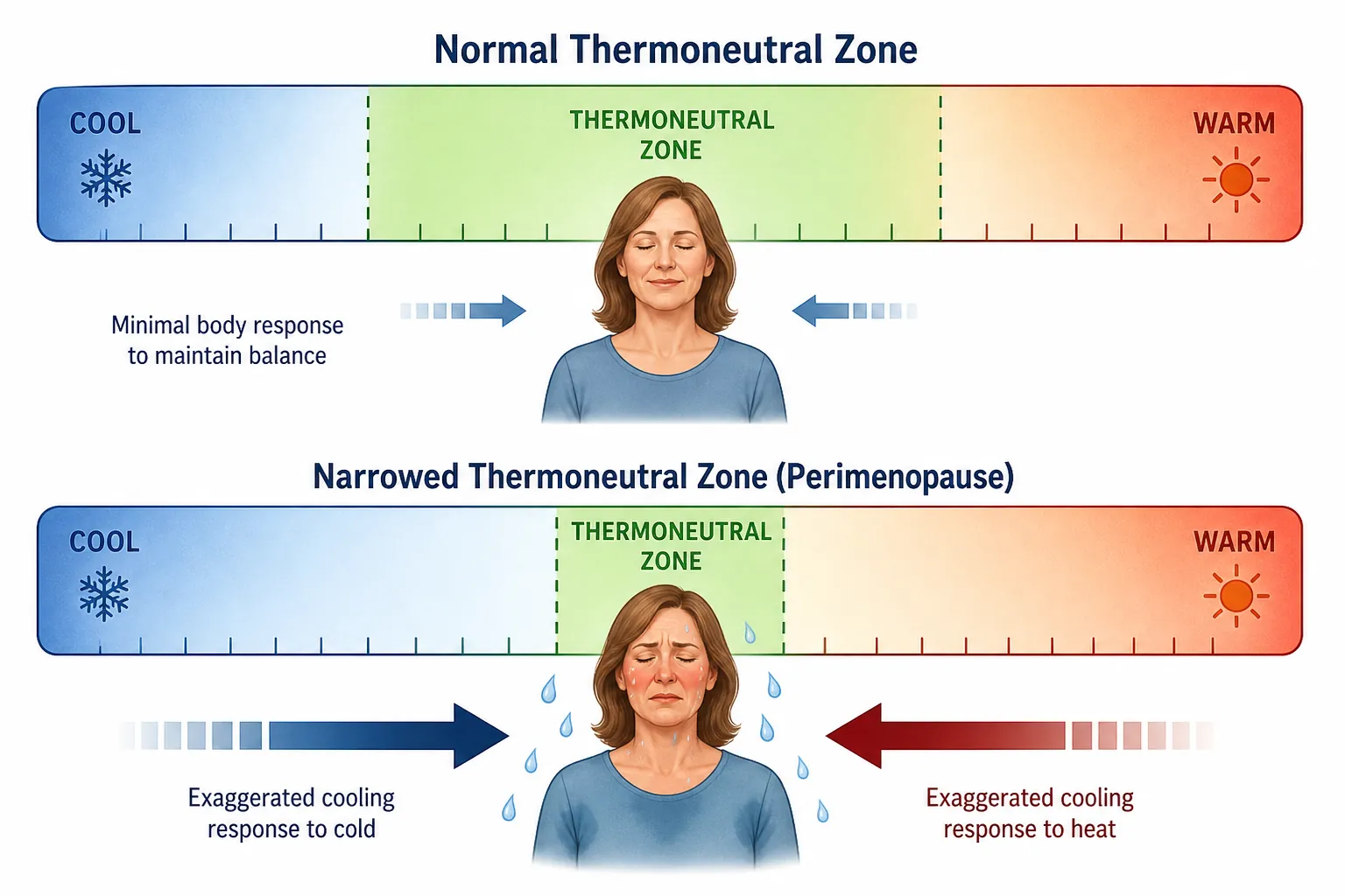 Medical diagram comparing a wide thermoneutral zone with a narrowed perimenopause thermoneutral zone and exaggerated sweating response
