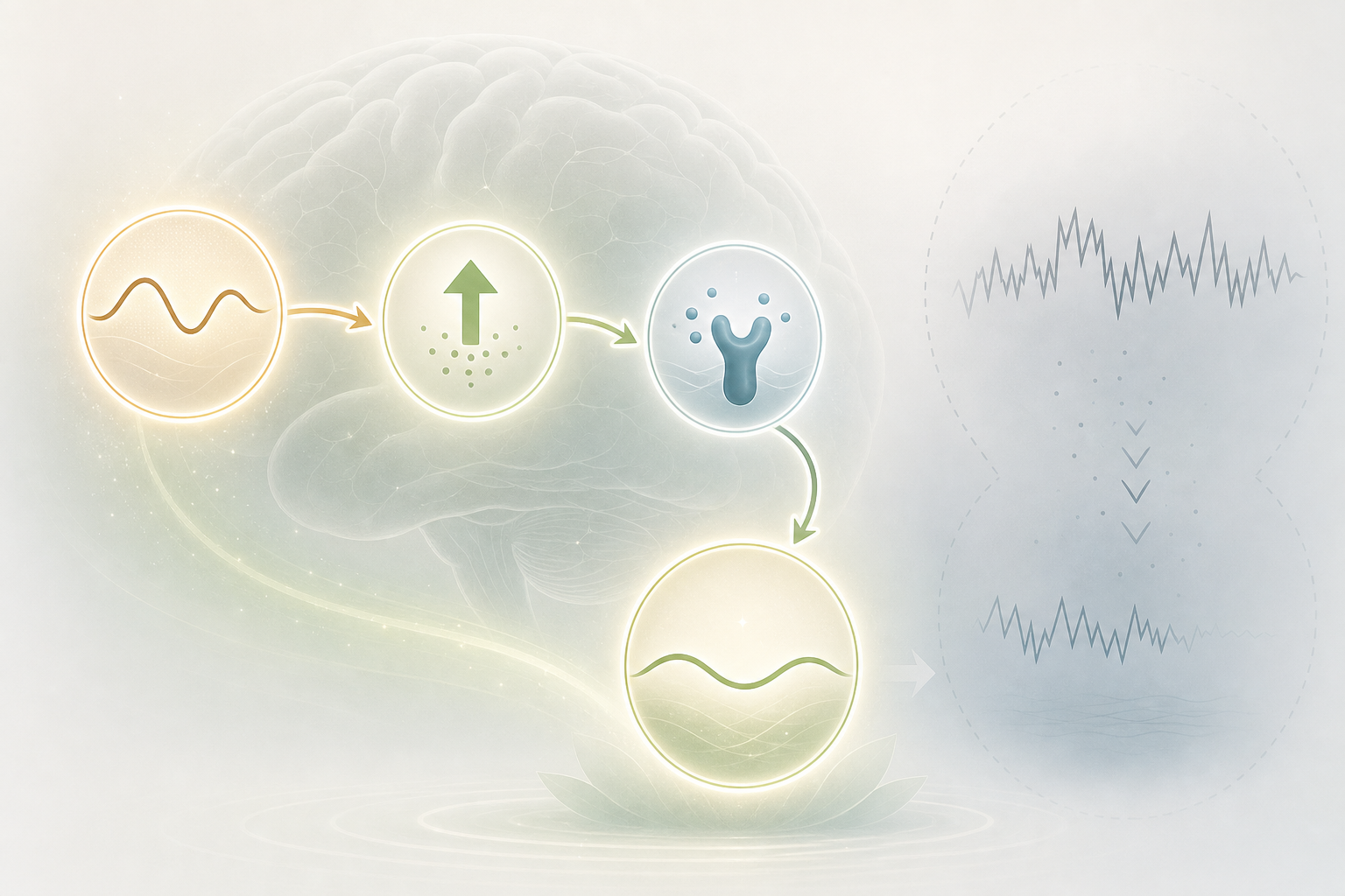 A minimal scientific illustration showing three nodes representing alpha-wave induction, GABA upregulation, and glutamate modulation connected by curved arrows toward a calm relaxation endpoint.