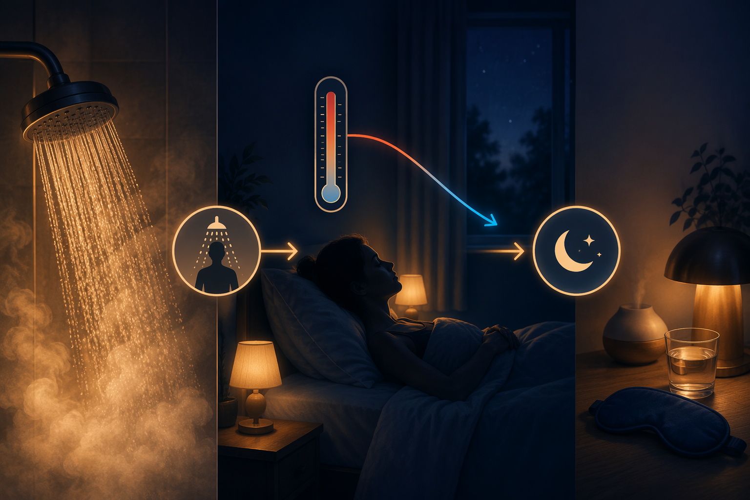Timeline showing a warm shower before bed followed by a gradual decline in body temperature during sleep