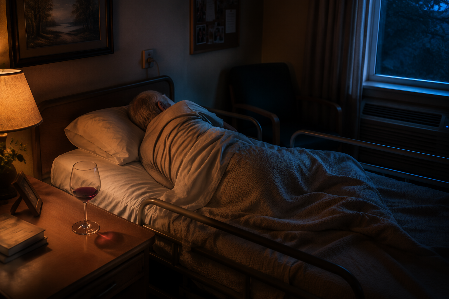 Restless older adult in a nursing home bedroom with a wine glass on the bedside table