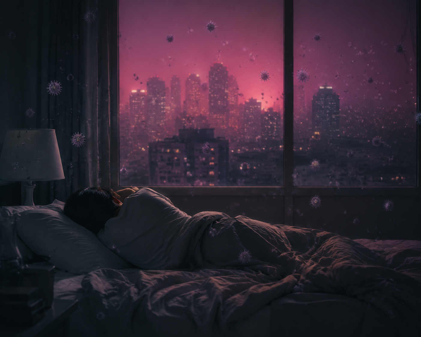 Restless sleeper in a dim bedroom with a polluted city sky outside the window