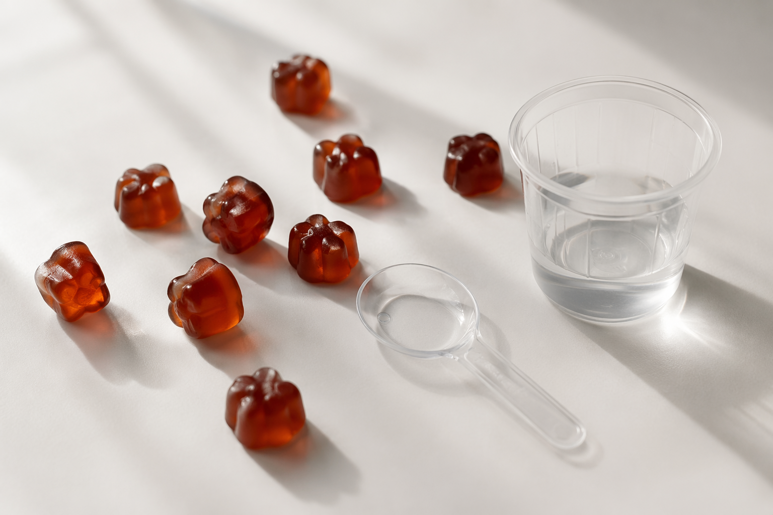 Melatonin gummies beside dosage tools on a white surface