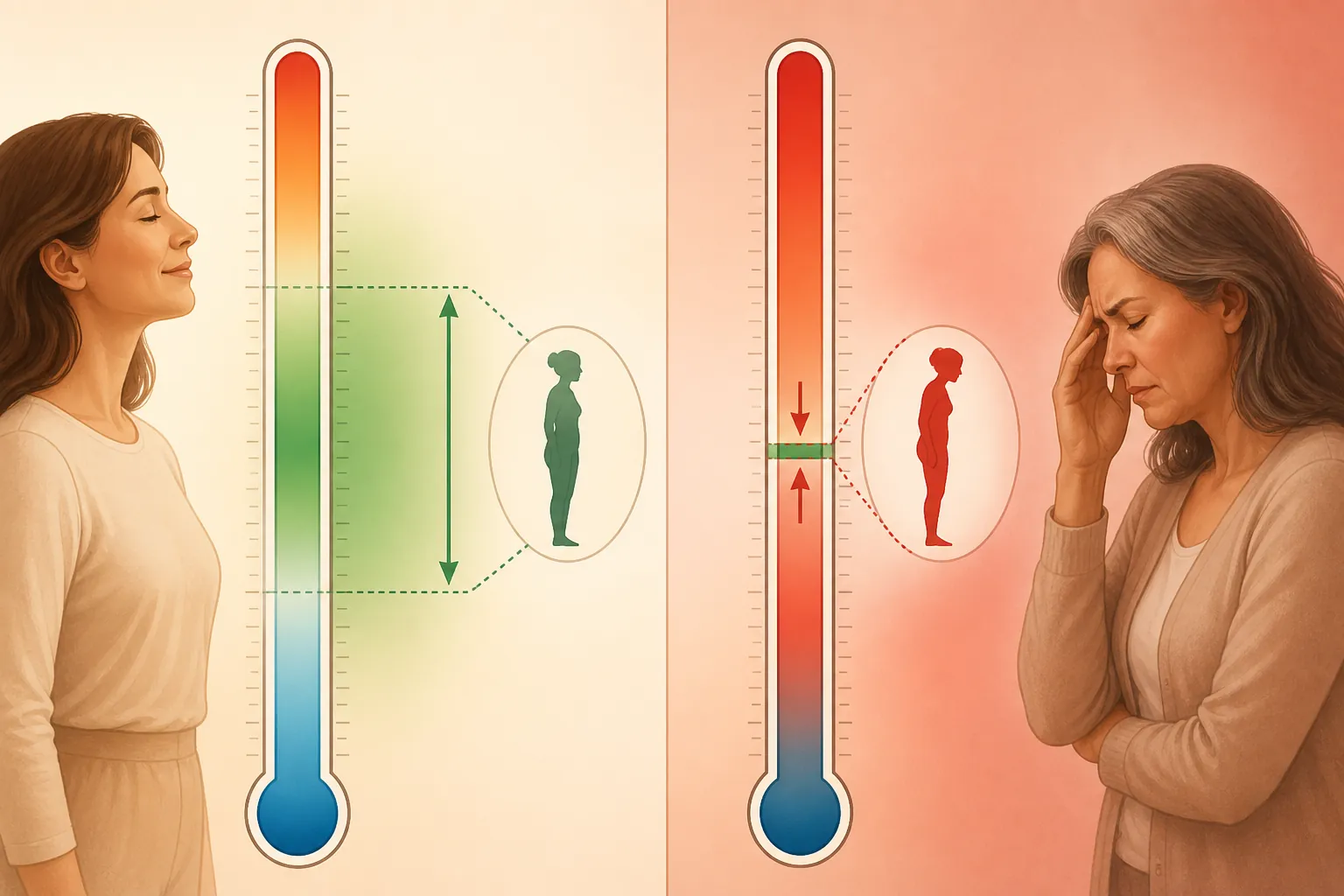 Diagram comparing a wider thermoneutral temperature band with a nearly collapsed temperature tolerance band
