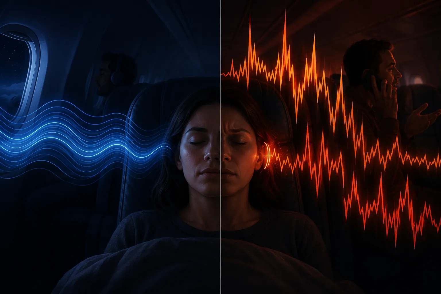 Illustration comparing smooth steady cabin noise with jagged intermittent phone conversation noise near a sleeping traveler