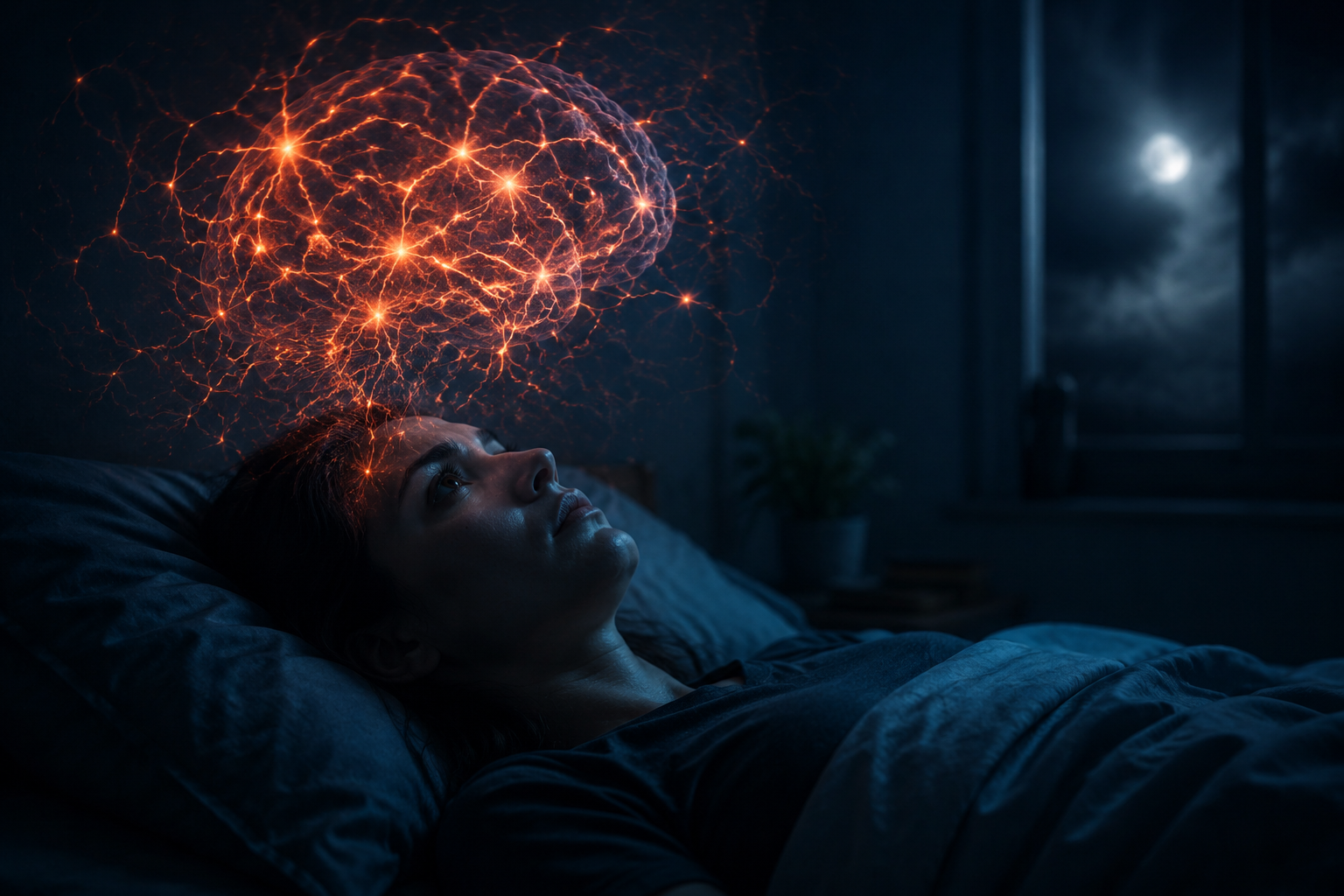 A physically exhausted person lying awake beneath glowing neural pathways that represent a hyperaroused brain at night