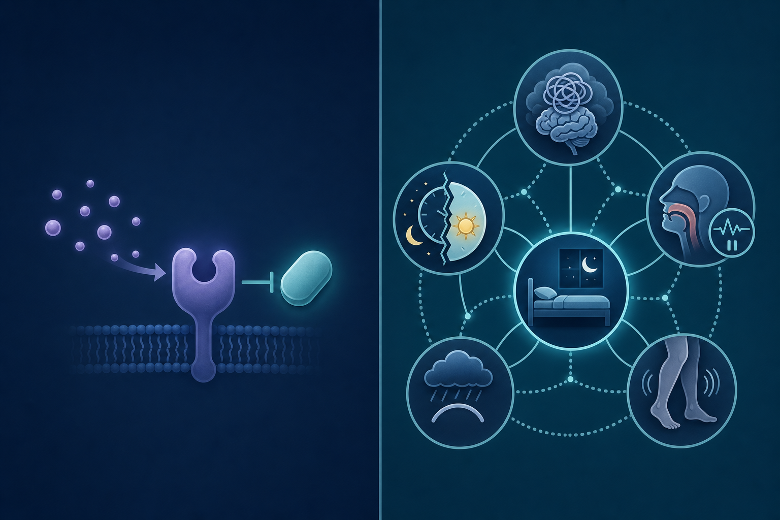 Medical split-diagram comparing what doxylamine treats (a single histamine receptor being blocked) on the left versus the real causes of chronic insomnia (anxiety, sleep apnea, circadian disruption, depression, restless legs represented as interconnected icons) on the right.