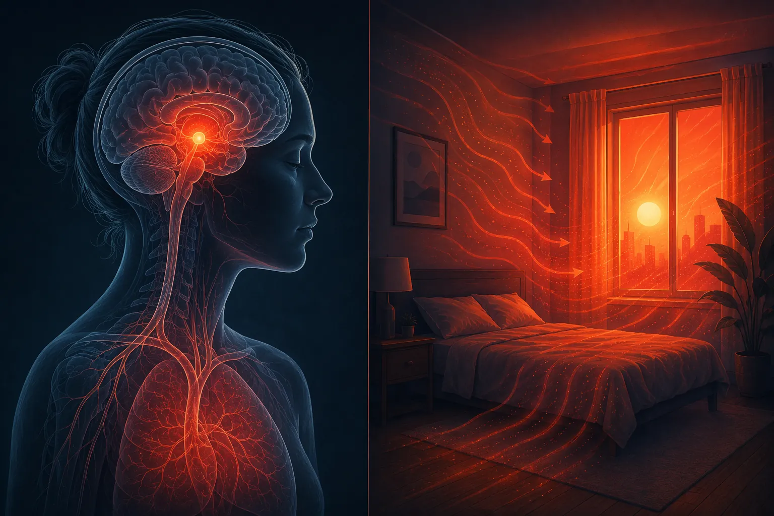 Split illustration showing internal thermoregulation heat in the body and external ambient heat in a bedroom
