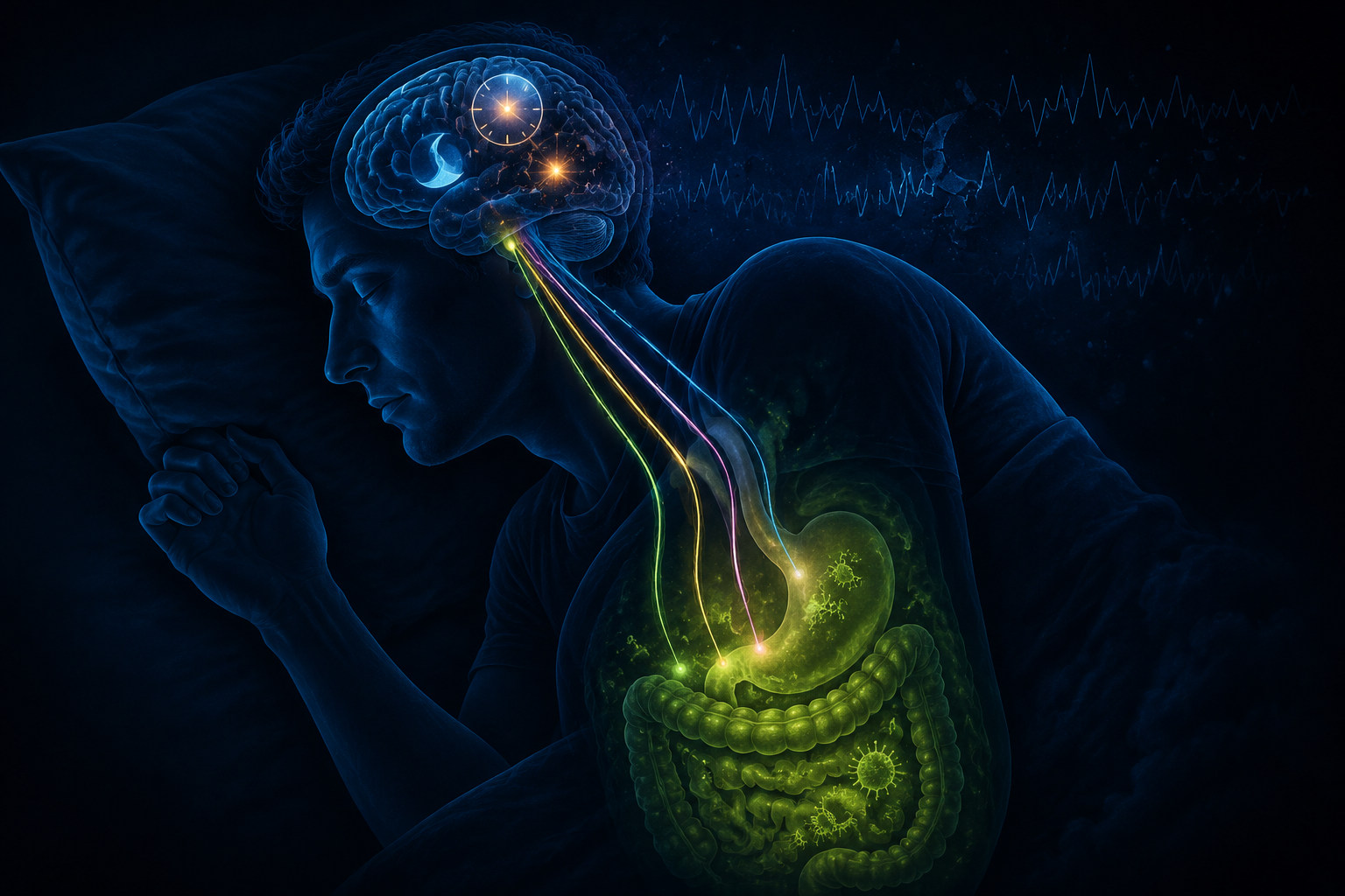 Medical illustration of gut-to-brain pathways linking norovirus recovery with disrupted sleep architecture