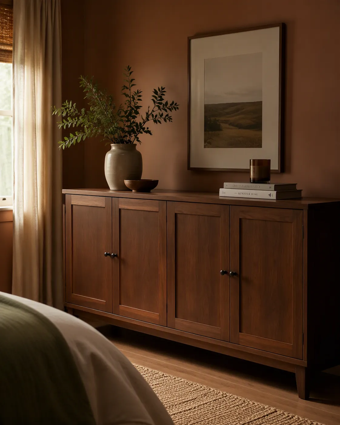 A bedroom corner with closed wooden cabinet fronts, a clean dresser surface, and a few curated objects