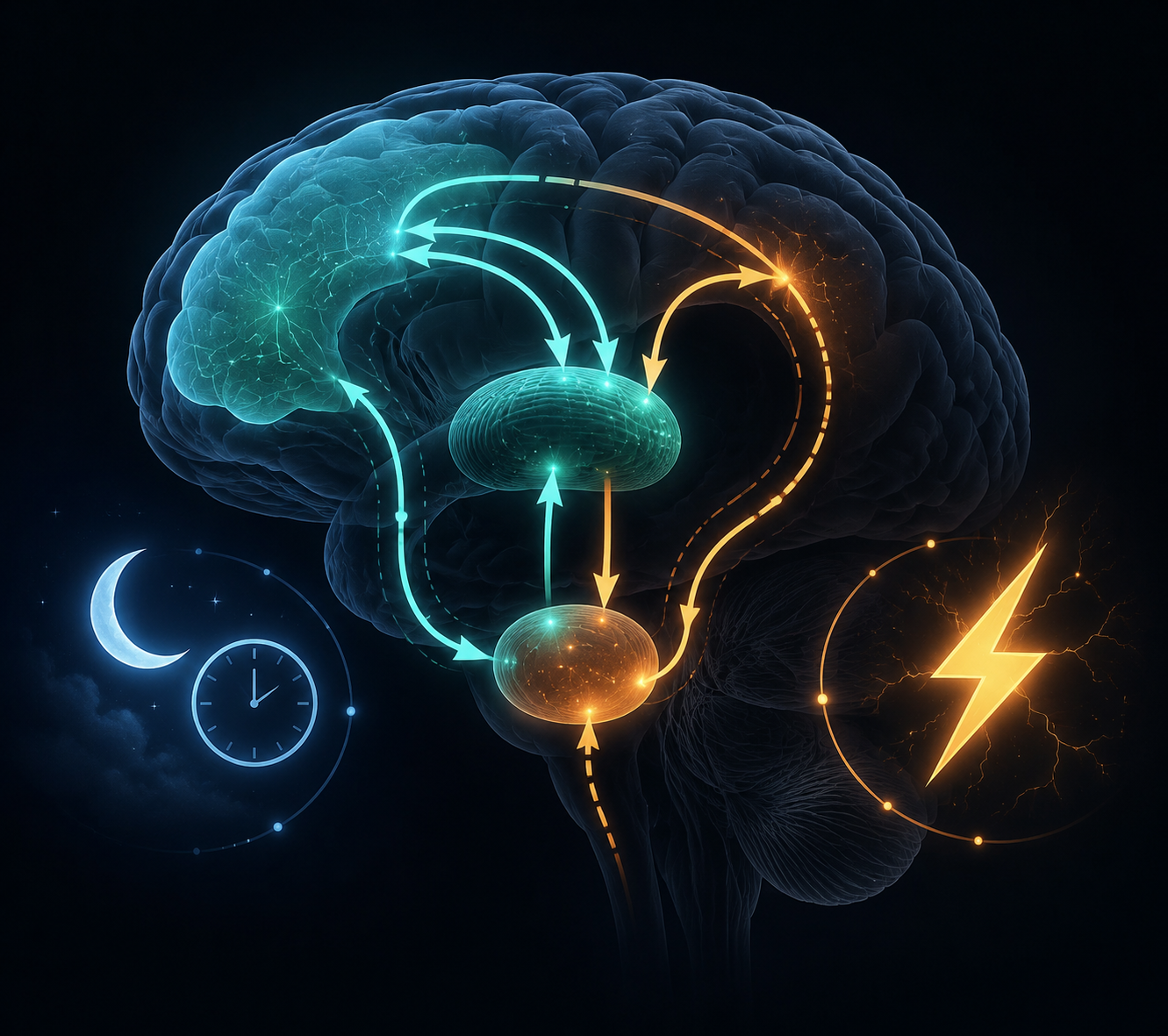 A brain silhouette showing the cortico-striatal-thalamo-cortical pathway with direct and indirect pathways linked to tics and sleep-wake regulation