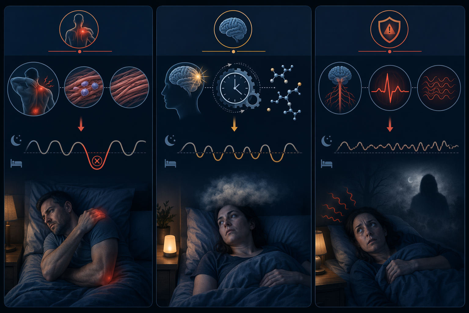 Side-by-side comparison of pain, concussion, and trauma pathways affecting sleep after an accident