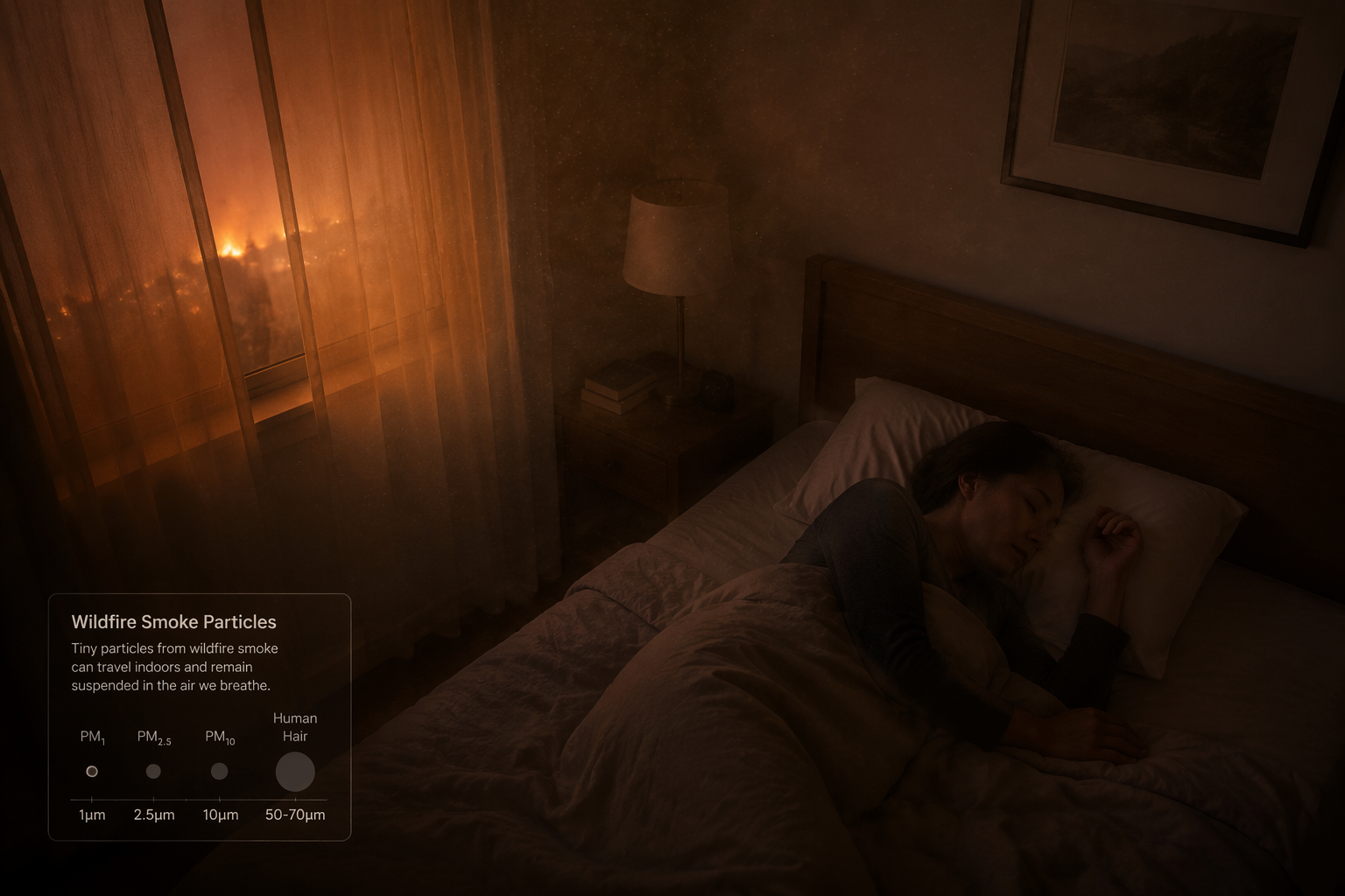 A dim bedroom with smoke particles drifting through amber light while a person sleeps