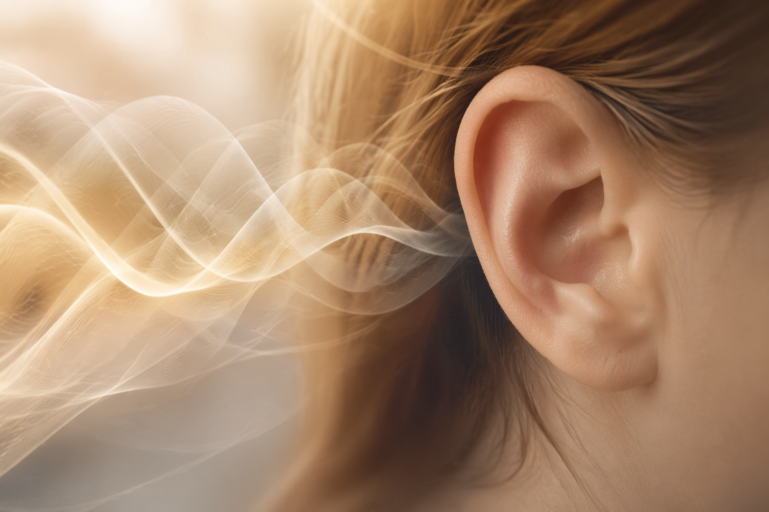 Close-up of an ear with subtle sound waves suggesting caution about noise exposure
