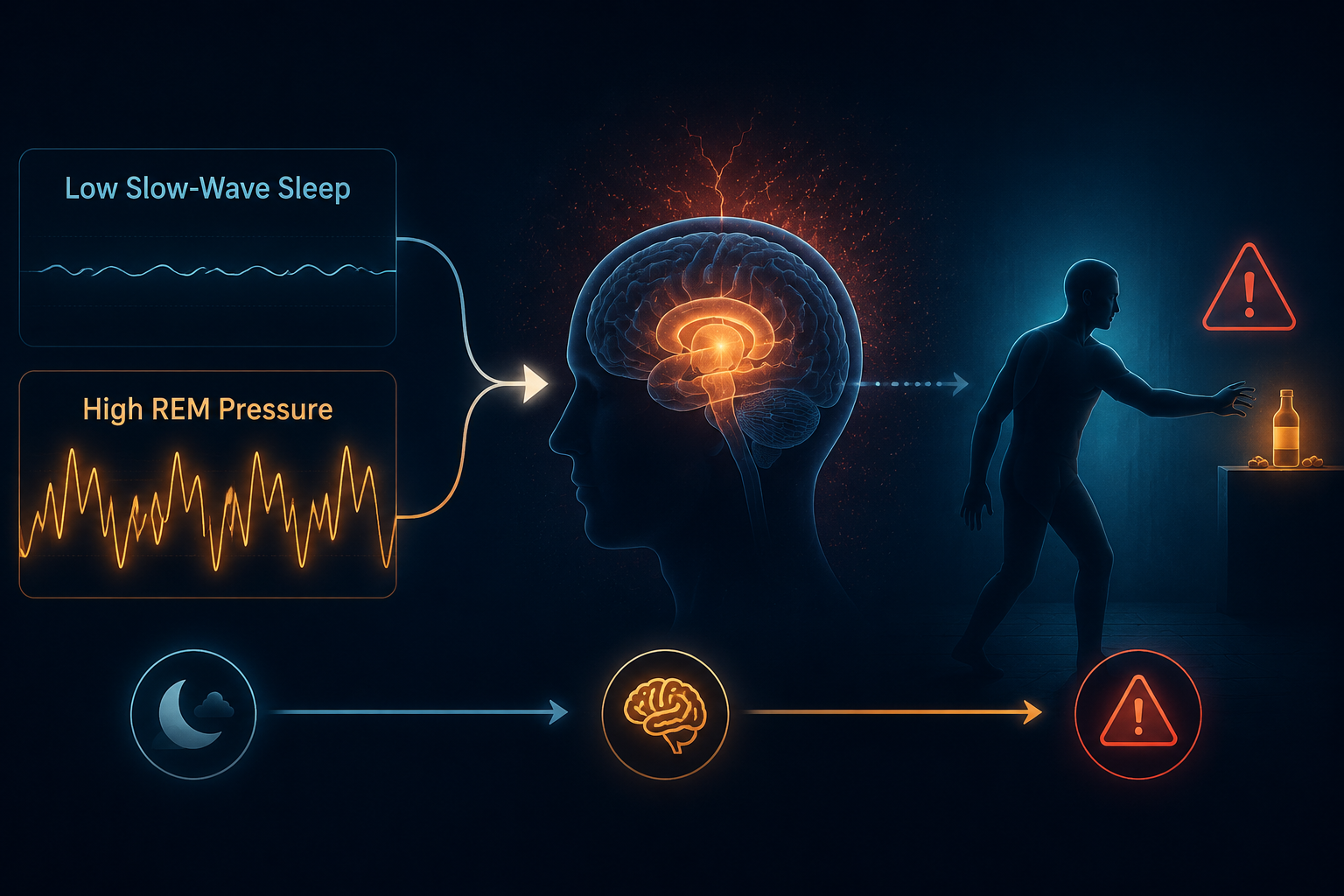 Conceptual diagram connecting low slow-wave sleep and high REM pressure to relapse vulnerability