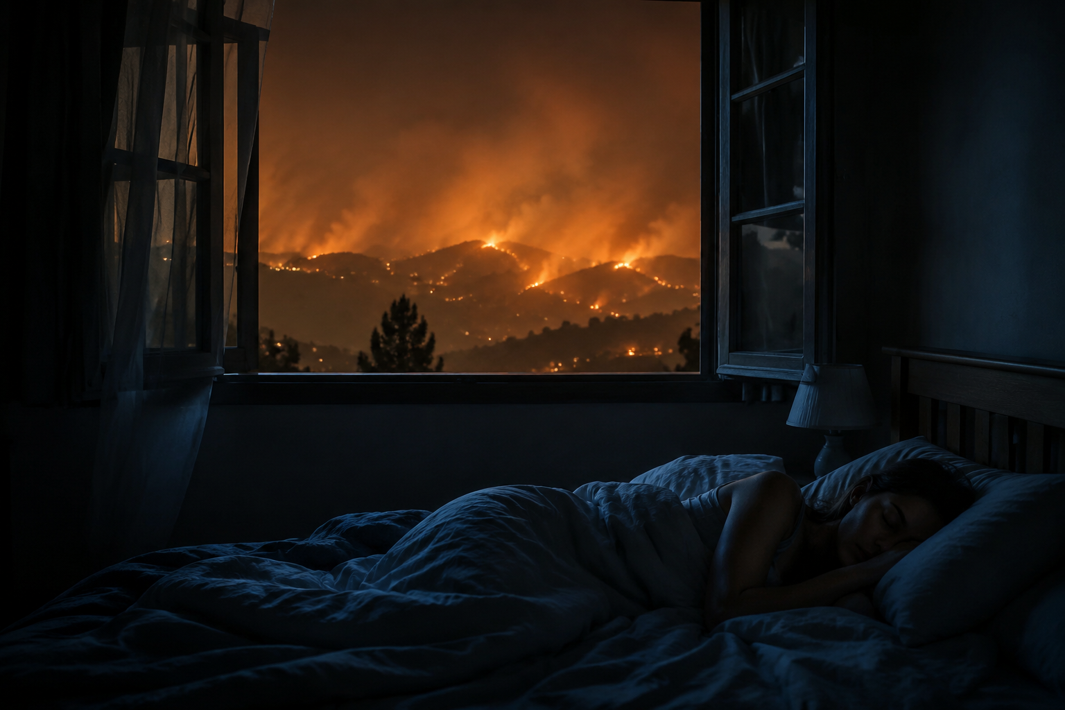 A restless person lying in bed while orange wildfire smoke glows outside the window