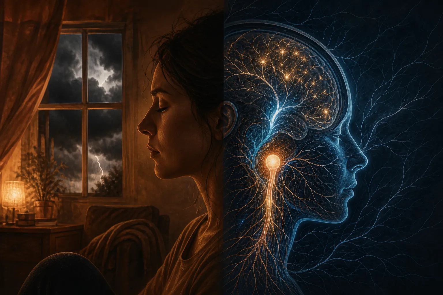 Split illustration of a warm dark storm room and an alert nervous system inside a person's head