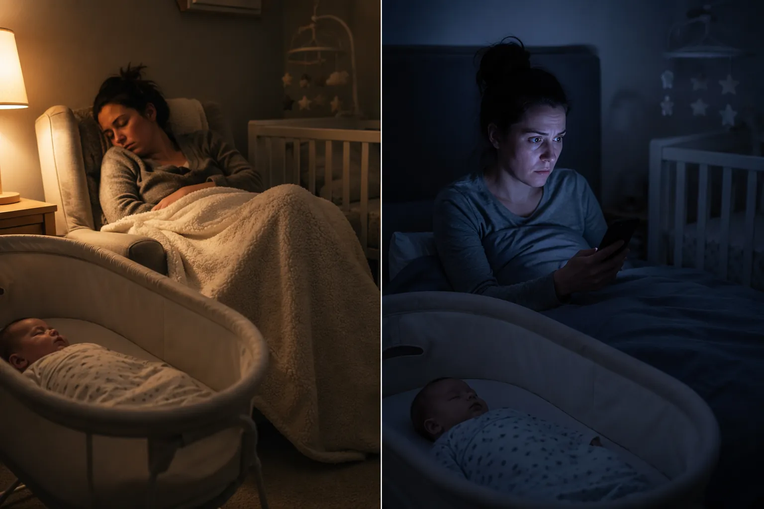 A split nursery scene comparing a sleeping exhausted parent with a wired and agitated parent awake in bed