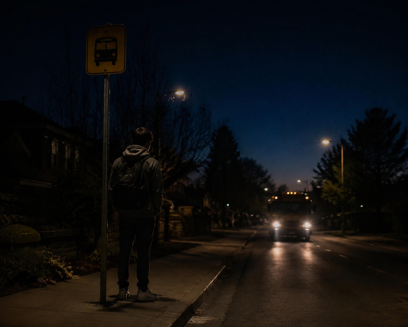 Teenager waiting at a dark bus stop before dawn with a school bus approaching