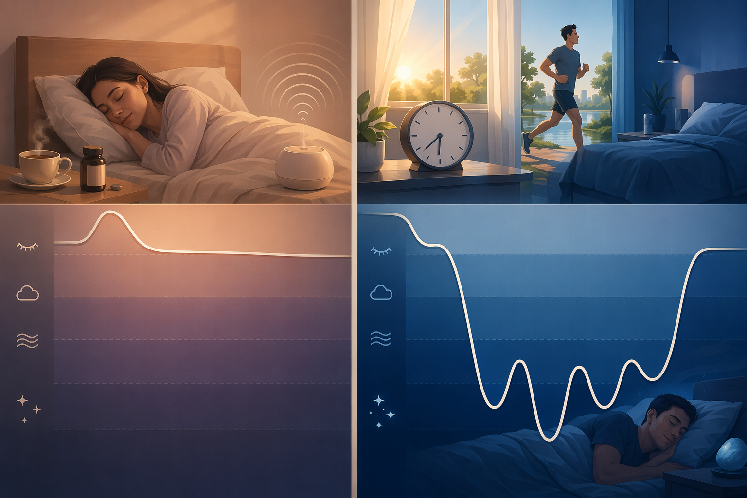 Split illustration comparing sleep aids like tea and melatonin with behavioral deep sleep supports like sunlight, exercise, and a cool bedroom