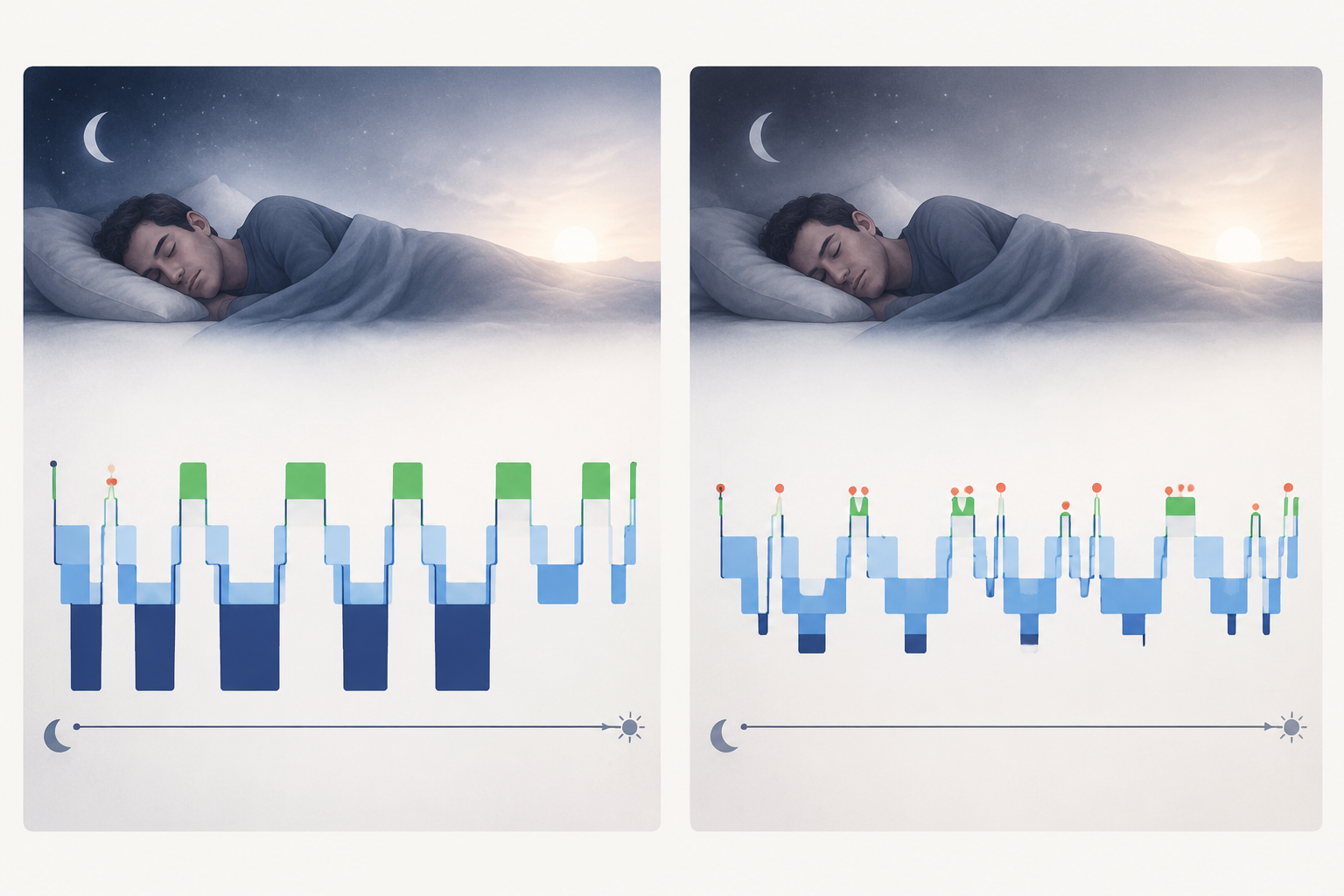 Side-by-side hypnogram showing reduced N3, reduced REM, expanded N2, and more awakenings in a fragmented sleep pattern