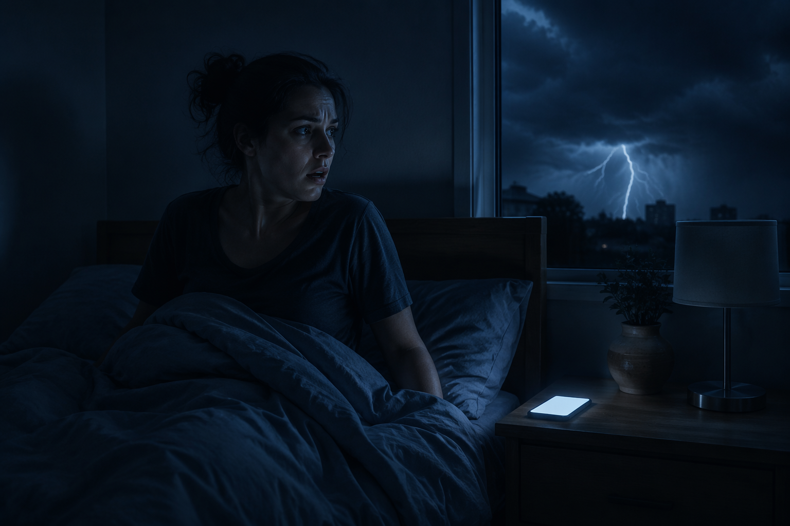A person sits upright in a dark bedroom after a weather alert, with lightning visible through the window