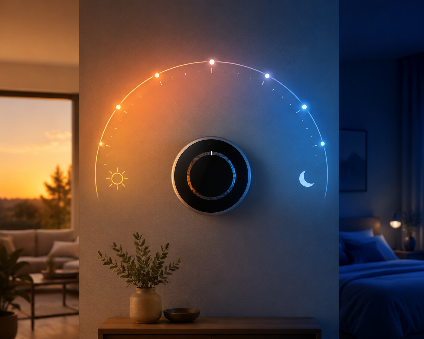 A modern thermostat at dusk with a day-night temperature arc from warm afternoon tones to cool night tones