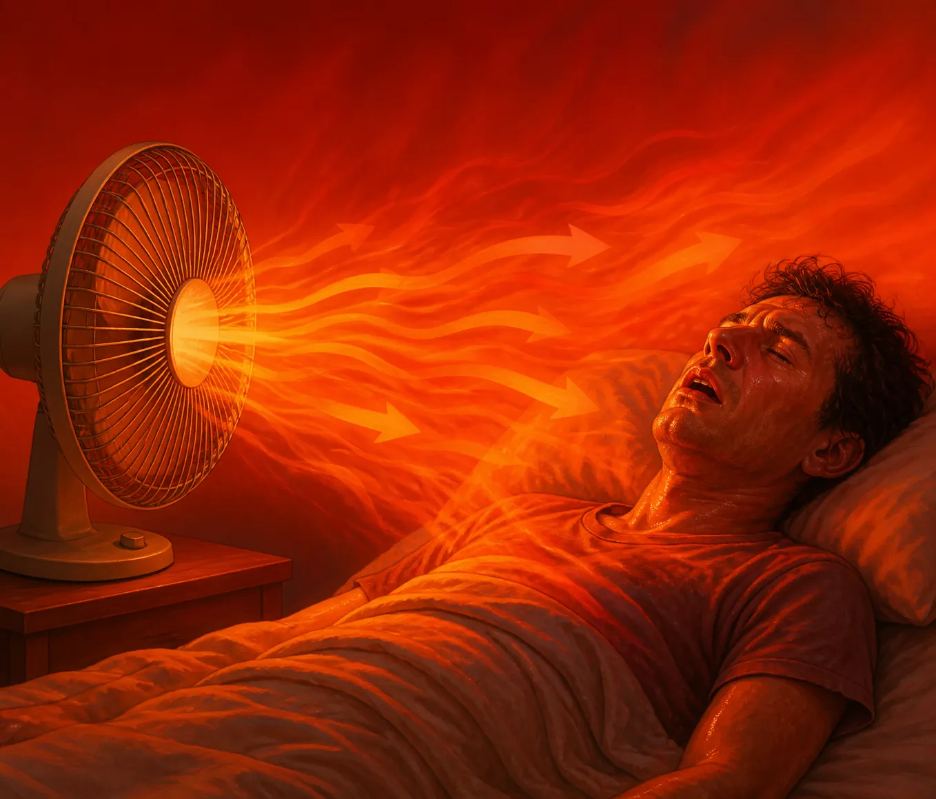 Household fan blowing hot orange-red air toward a person in bed during extreme indoor heat