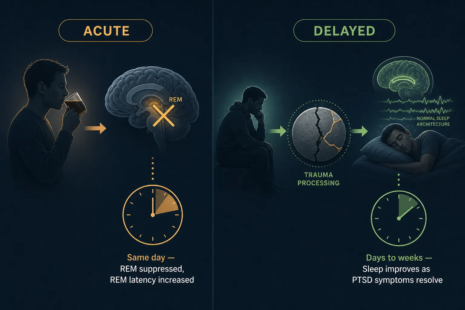 Diagram contrasting same-day REM suppression with delayed trauma-related sleep improvement