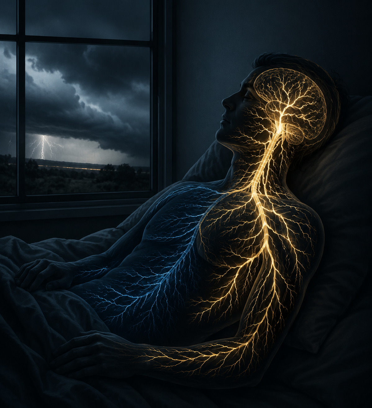 Person in bed during a storm with sympathetic nervous system pathways activated