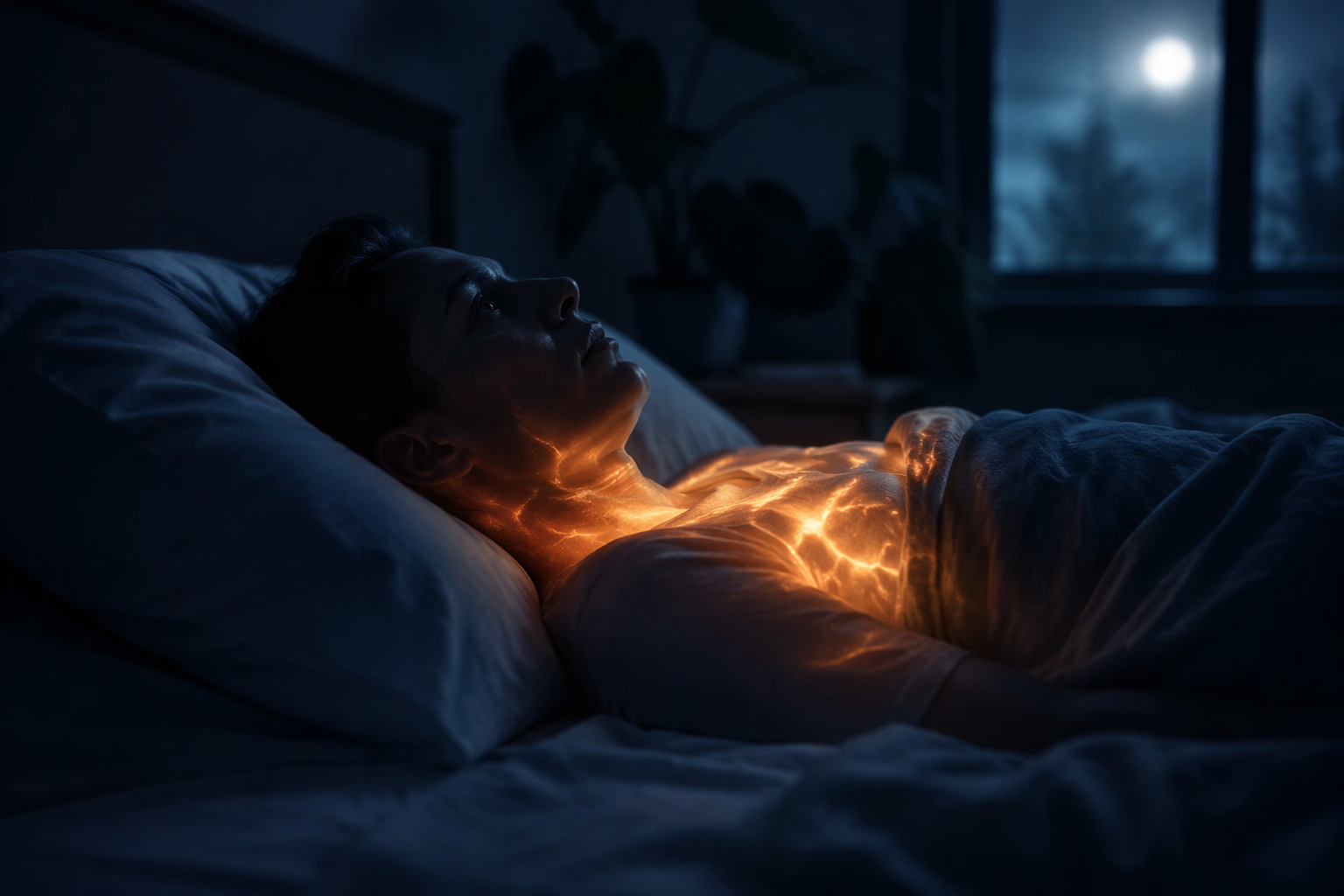 A person lying awake in bed at night with a faint warm glow near the chest suggesting physiological arousal