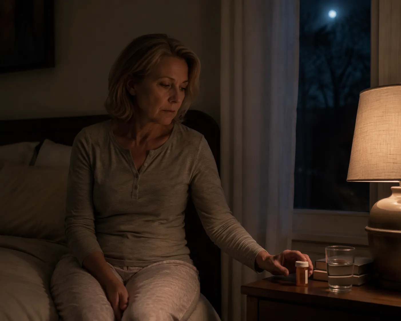 Midlife woman awake at night with a prescription pill bottle on the nightstand