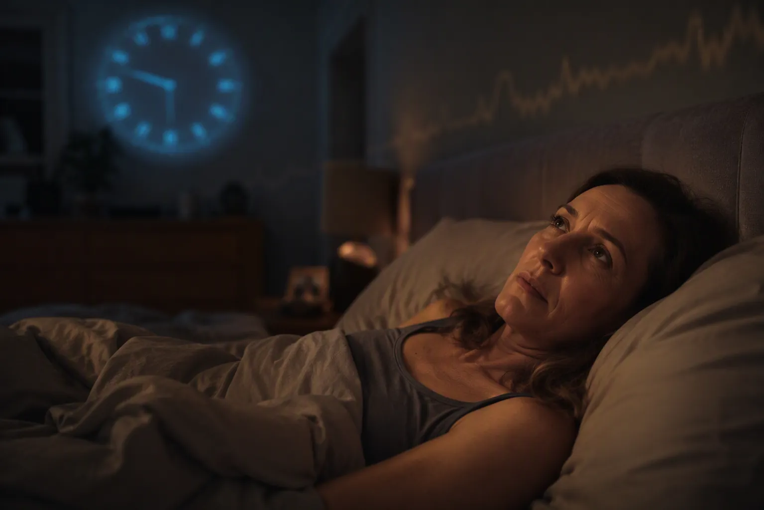 A woman lies awake at night with warm body heat and a cool circadian pattern in the room