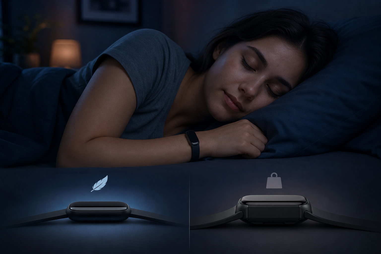 Side sleeper wearing a slim smartwatch while a bulkier watch sits nearby