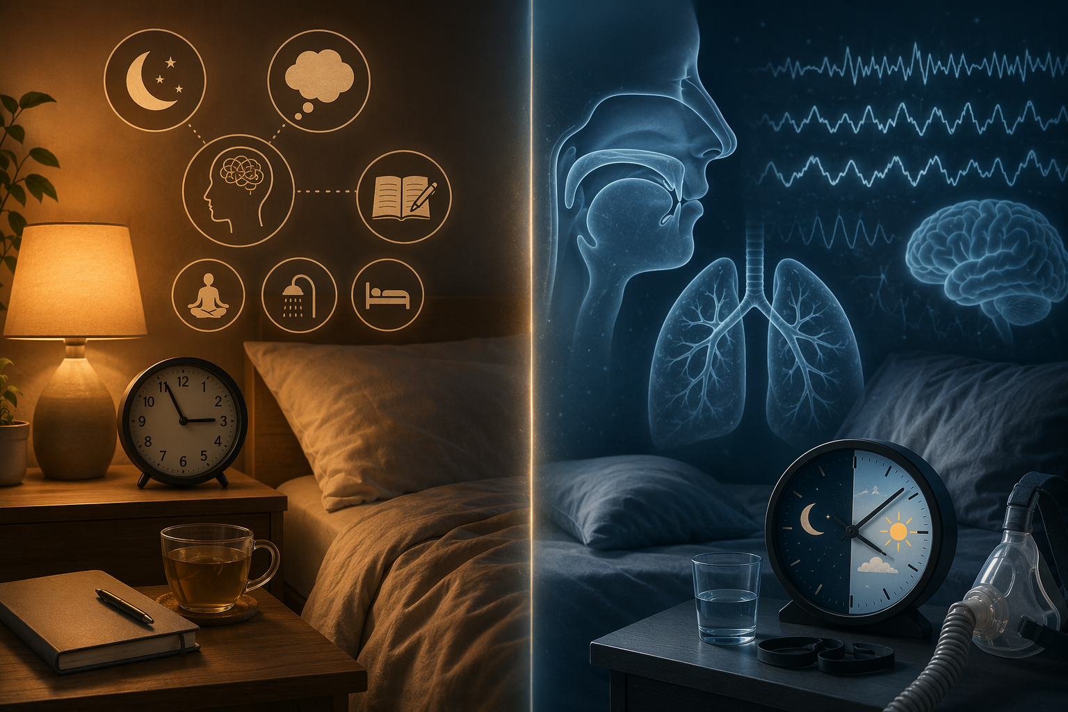 Split visual showing behavioral sleep supports on one side and airway, clock, and brain-wave pathways on the other