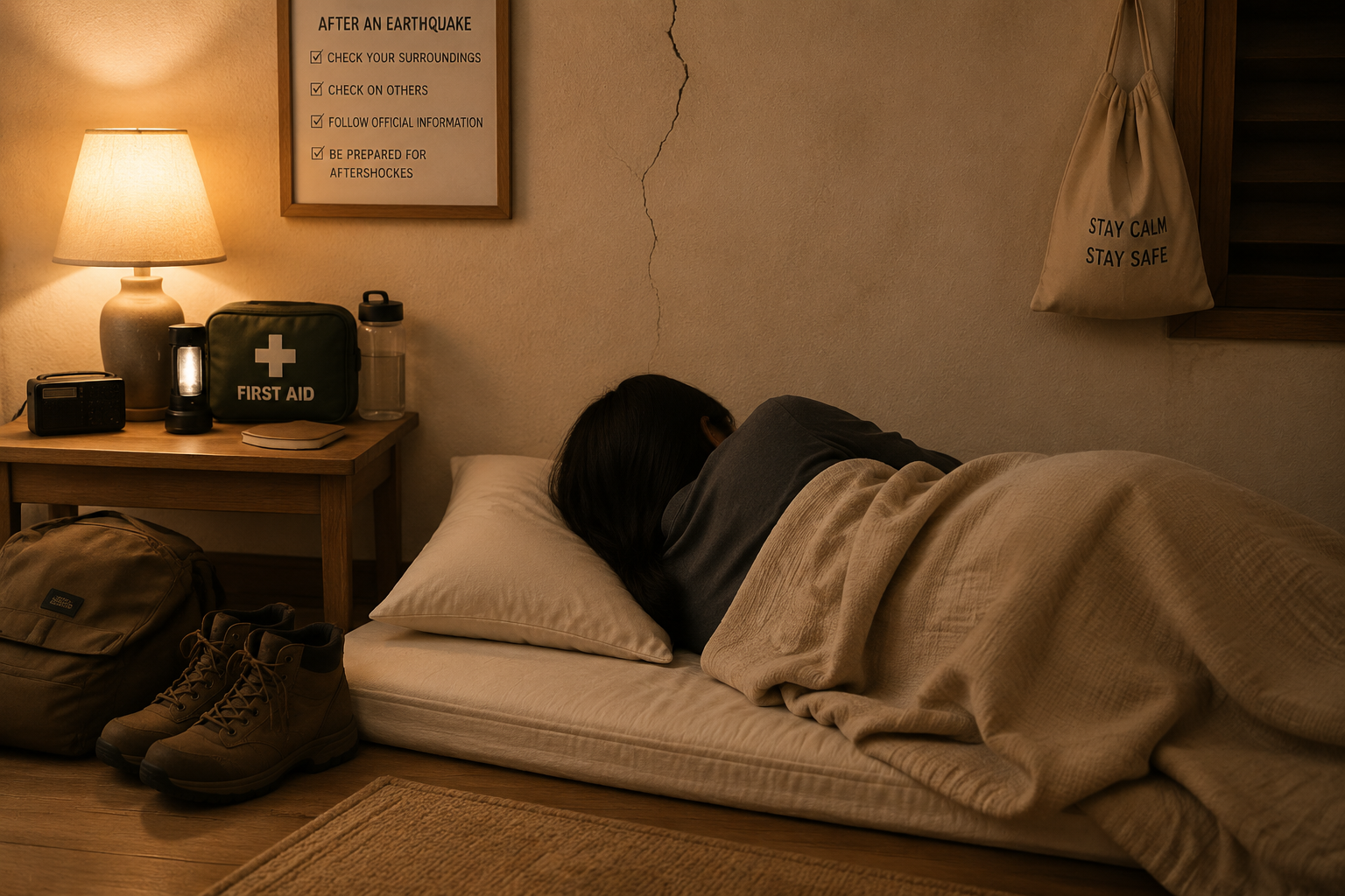 A person resting on a low futon near an emergency kit, flashlight, shoes, small bag, and a visible wall crack