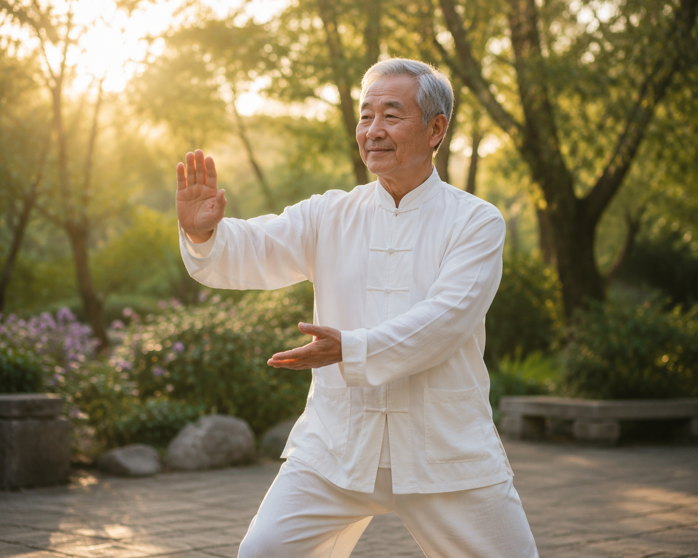 Older adult doing gentle tai chi in a sunlit garden in the early morning