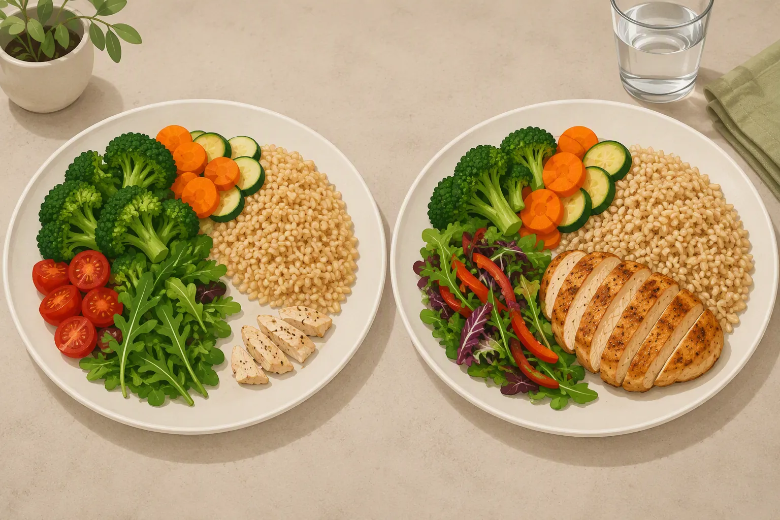 Two dinner plates contrasting a very-low-protein meal with a balanced meal containing a moderate protein portion