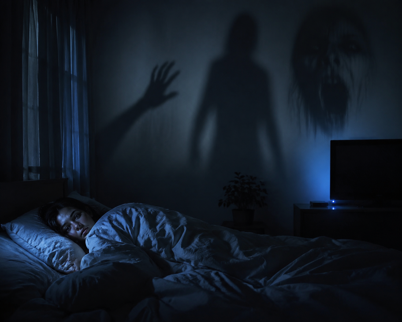 A person lying awake in a dark bedroom while horror movie silhouettes loom on the wall