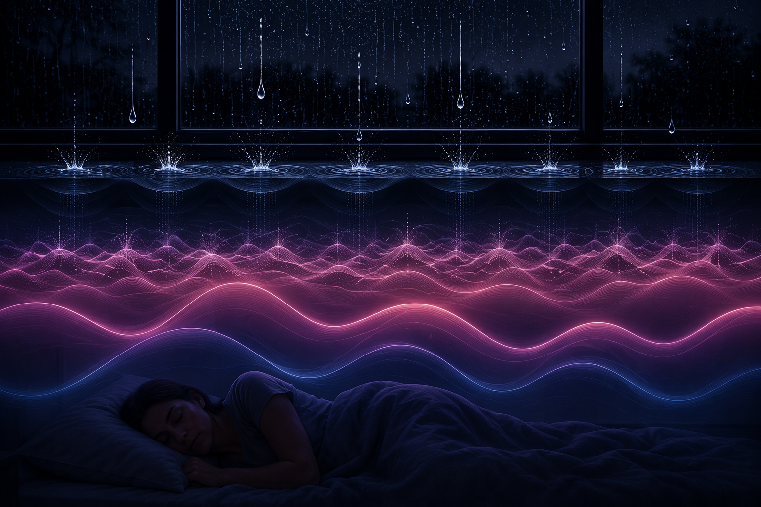 Raindrops on a dark window turning into pink and blue sound waves over a sleeping silhouette