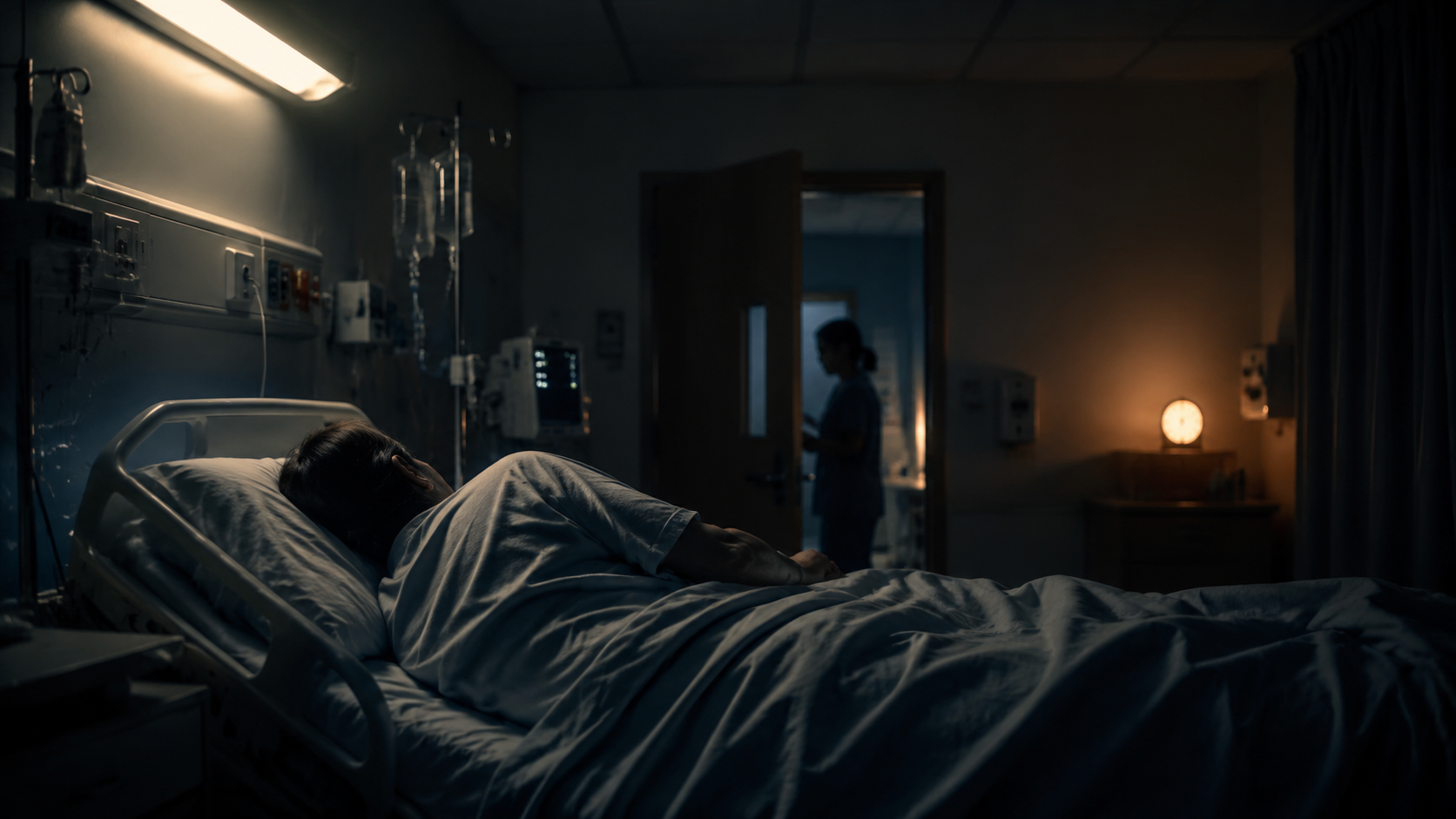 Dim psychiatric hospital room at night with a patient in bed and a nurse visible through a partly open doorway during an overnight safety check