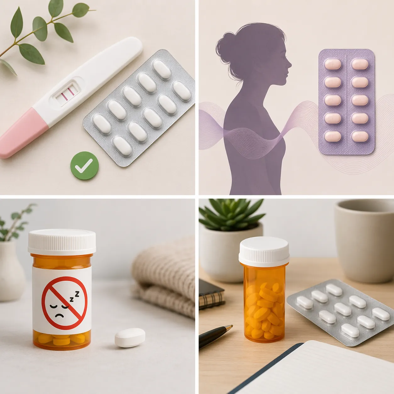 Four-zone flat lay showing allergy medication choices for pregnancy, perimenopause, older adulthood, and ADHD