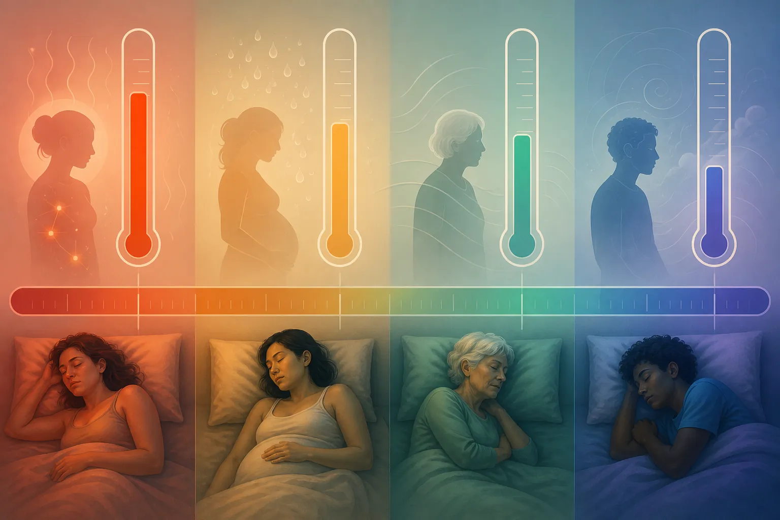 Illustration of four body silhouettes responding differently to a temperature gradient
