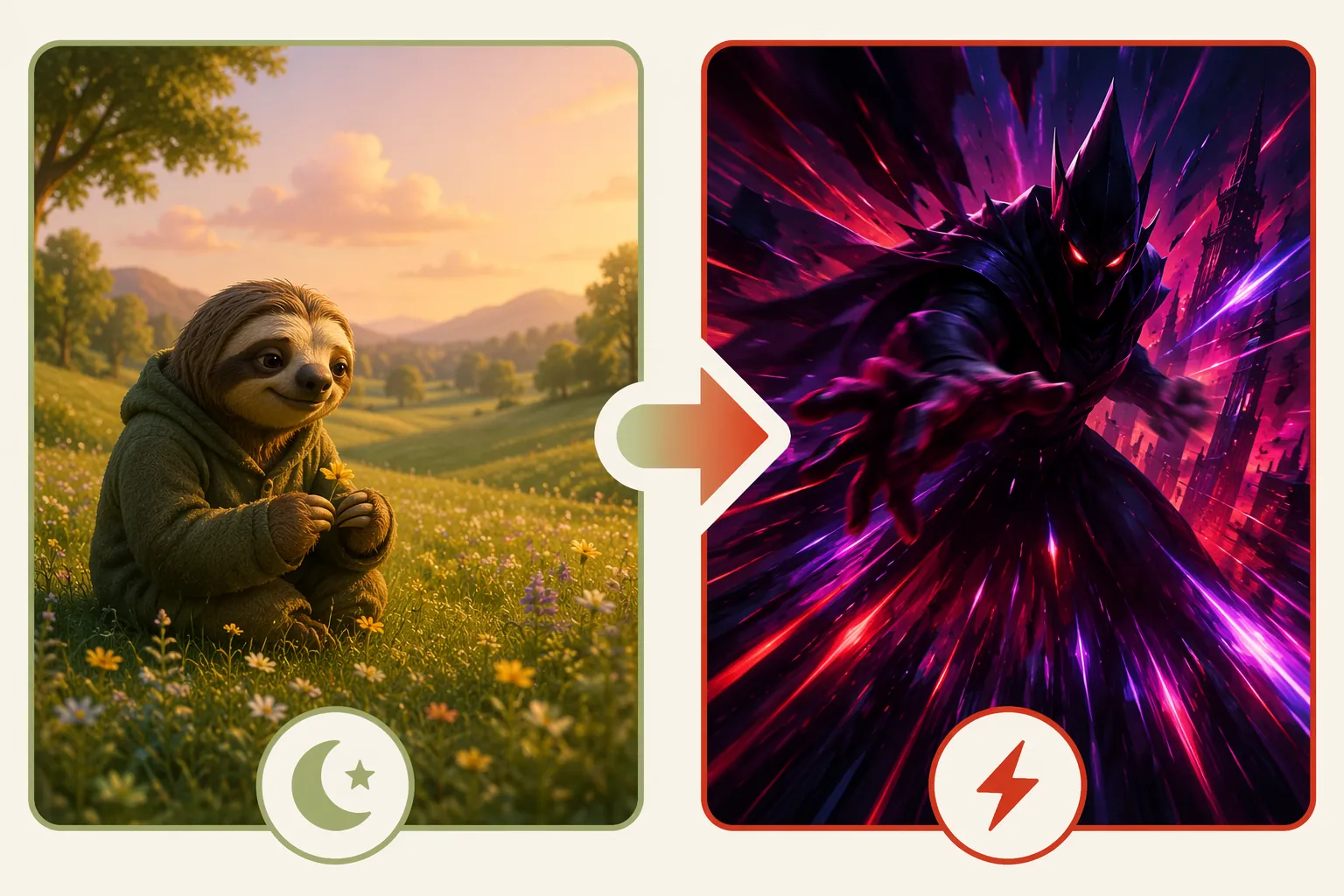 Comparison of peaceful slow-moving animal content and intense villain-driven movie content