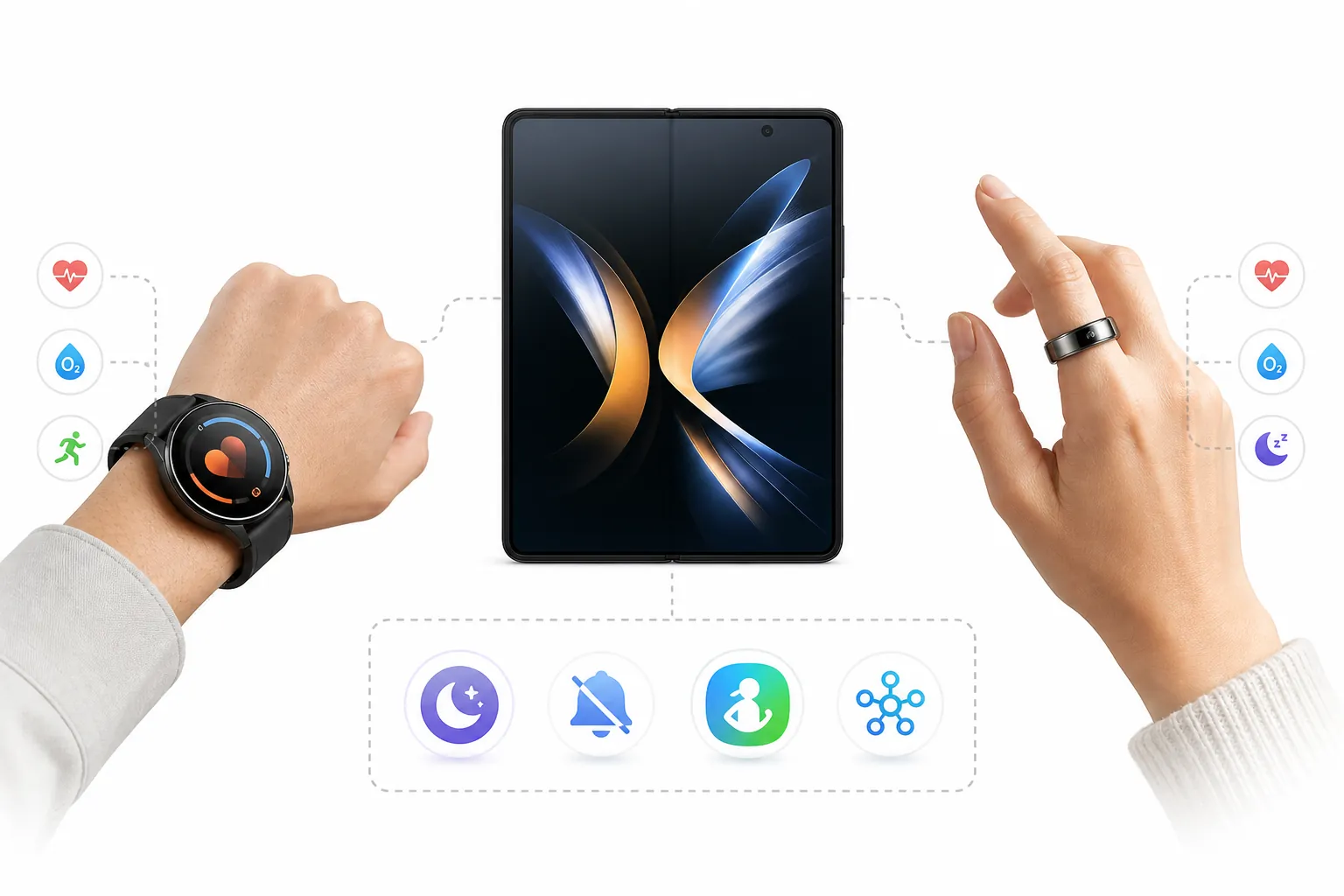 Foldable smartphone connected to a smartwatch, smart ring, Bedtime Mode, Samsung Health dashboard, notification controls, and SmartThings routines