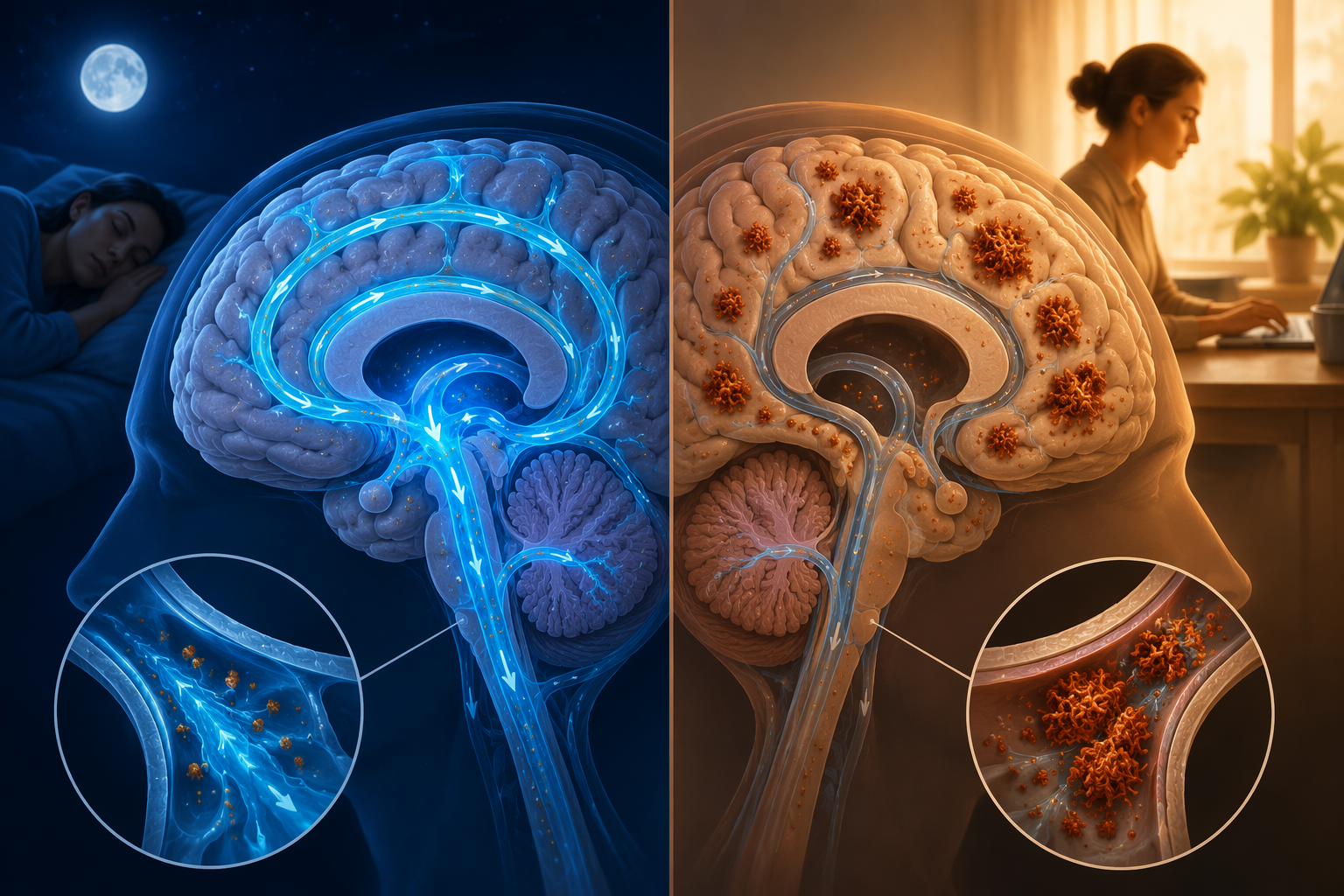 Sleeping and waking brain comparison showing glymphatic fluid clearing tau particles during sleep