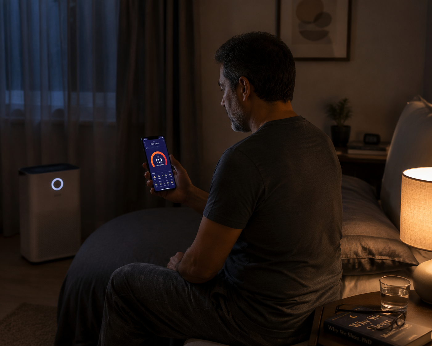 Person checking an AQI weather app in a dim bedroom with an air purifier near the window