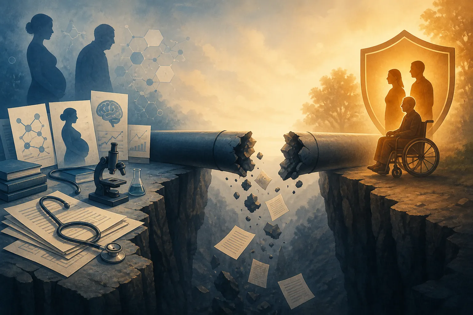 Broken medical research pipeline with a pregnant woman and an older adult separated from falling research papers