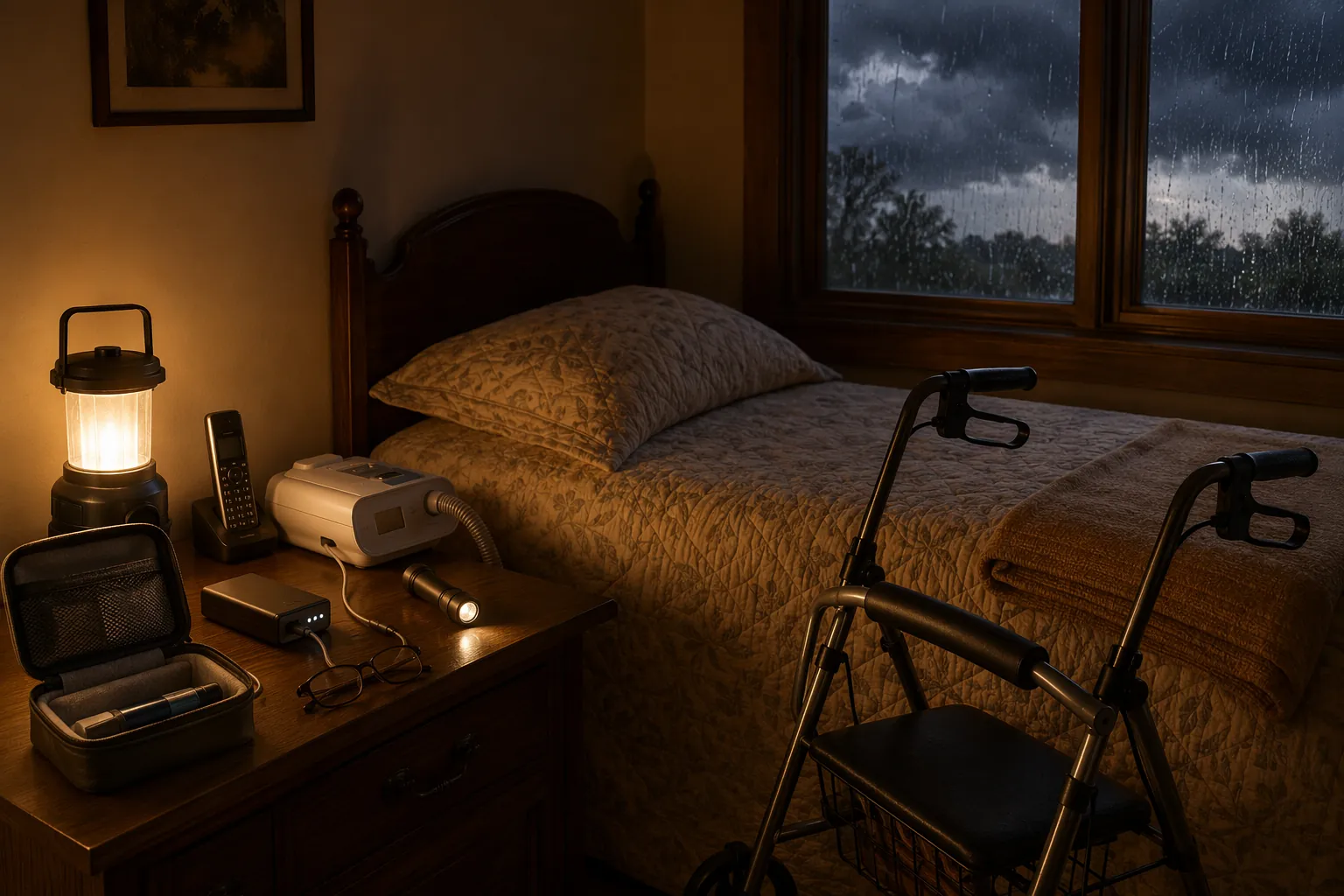 Bedroom at dusk during a storm outage with a lantern, flashlight, CPAP backup battery, insulin cooler pouch, phone, walker, and blanket